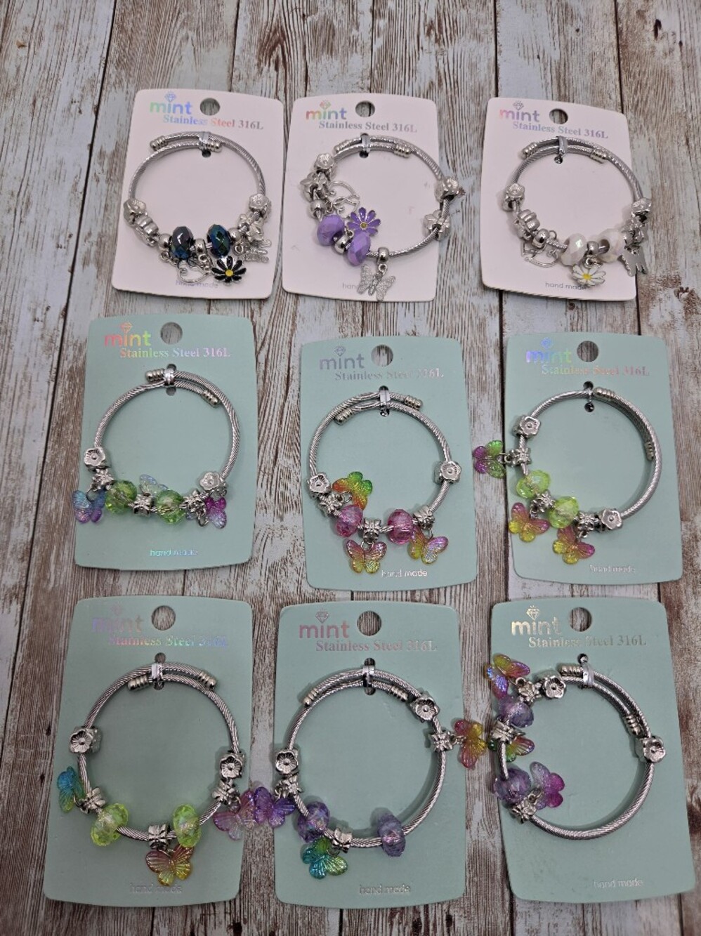 ✨ NWT Mint 316L Stainless Steel Charm Bracelet Lot of 9 | Butterfly Floral 🌸